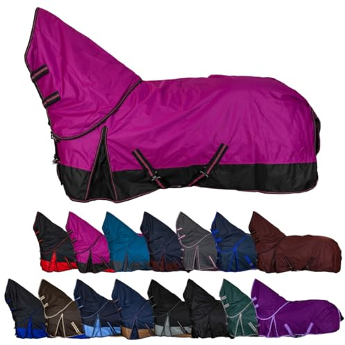 RL24 - Weidedecke Full Neck Basicline 600D Polarfleecefutter – als Regendecke & Übergangsdecke – wasserdichte Outdoordecke mit Kreuzbegurtung – Pferdedecke in Beere/Schwarz – Größe 135cm