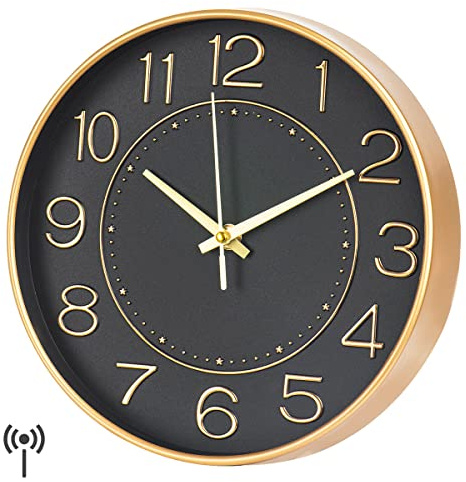 HZDHCLH Funk Wanduhr Geräuschlos Lautlos Nicht Tickend 25 cm Leicht Ablesbare Uhr für Küche, Wohnzimmer, Schlafzimmer, Badezimmer, Heimbüro (schwarzes Gold)