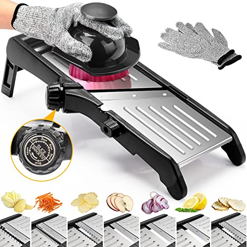 Gemüsehobel – 7-in-1 verstellbare Mandoline aus Edelstahl mit Scheiben-, Julienne- und Pommes-Frites-Schnitt, inkl. Handschuhe und Reinigungsbürste