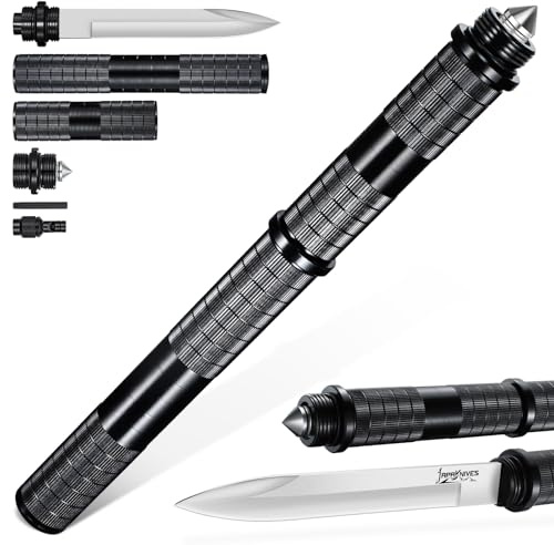 Japaknives 5 in 1 Outdoor Messer D2 Stahl Multifunktionsstock Schwarz 12 CM | Aluminiumlegierung, Abnehmbares, mit Pfeife Glasbrecher Feststehende Survival Messer für Camping Trekking