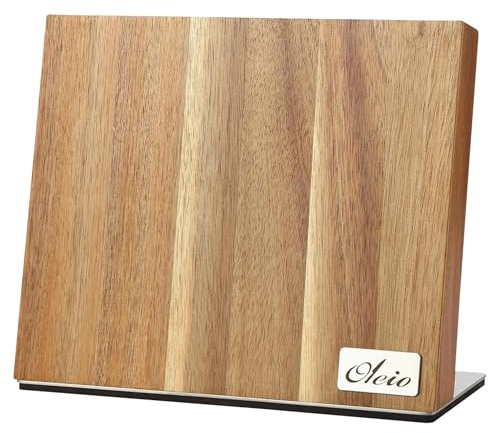Oleio Magnetischer Messerblock - Küchen Organizer aus Akazienholz mit Magnetleiste für bis zu 6 Messer - Edelstahlsockel & rutschfester Unterlage - 3,8 cm stark Messerblock ohne Messer - Messerständer