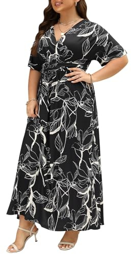 Keluummi Maxikleid in Übergröße für Hochzeiten, für kurvige Frauen, formelles, blumiges Partykleid mit V-Ausschnitt und 3/4-Ärmeln für den Sommer, langes A-Linien-Kleid