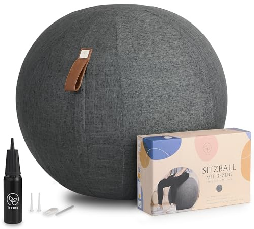 Treasy Sitzball mit Bezug 60-65cm, Ergonomischer Gymnastikball mit Griff | Stoff Fitnessball Home Office & Büro, inkl. Pumpe & Ball, Yogaball mit abnehmbarem, waschbarem Bezug