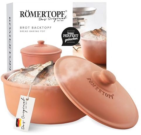 Römertopf Brot-Back-Topf Ø 23 cm Brotbackform Naturton mit Deckel | Unterteil glasiert, Deckel unglasiert für Schwaden, für Sauerteig- und Hefebrot, knusprige Kruste, ofenfest