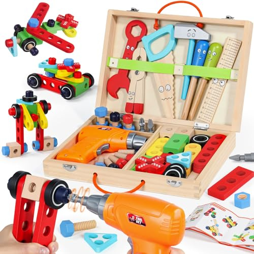 Jerryvon Montessori Spielzeug ab 3 Jahre - Werkzeugkoffer Kinder Werkzeug | 44 Stück Werkzeug Kinder mit Bohrmaschine Kinder Spielzeug 3 Jahre Motorik Holzspielzeug Lernspiele Geschenk Junge 3 4 Jahre