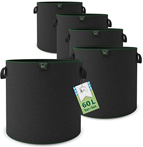 TTL GARDEN 5X 60L Pflanzsack aus Vlies Stoff aus 300 g/m² Filz & Vlies - | 5er Set 60 Liter Pflanztaschen Vliesstoff - Pflanzgefäß Pflanzbeutel Wachstumstasche für Balkon Terrasse Gewächshaus & Garten
