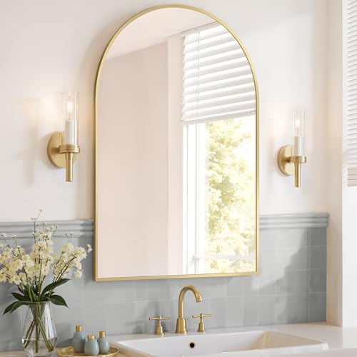 SONGMICS Spiegel für Bad, Wandspiegel, gewölbter Spiegel, Aluminiumrahmen, 91 x 61 cm, mit Sicherheitsfolie, einfache Montage, für Wohn-, Schlaf- und Badezimmer, blassgold LWM011AB01