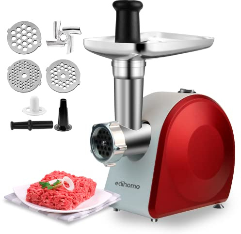 Edihome, Fleischwolf Elektrisch, mit Wurstfüller, Multifunktionell mit 3 Schneidplatten (Rot/Weiß)