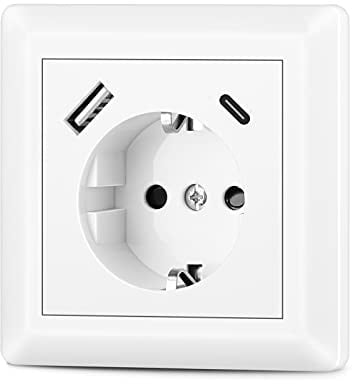 Sasudose Steckdose mit USB Anschluss und Typ C (Max. 3.4A) System 55 Reinweiß Glänzend Schuko USB Steckdose Unterputz Schutzkontakt-steckdose Wandsteckdose für Smartphone, Sockeltiefe nur 32mm