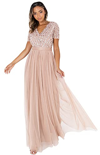Maya Deluxe Damen Maya Deluxe Stripe Embellished Maxi With Sash Belt Bridesmaid Dress, Taupe Blush, 38 EU