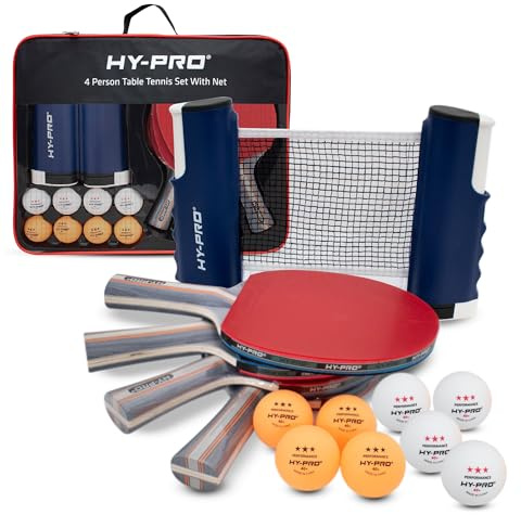Hy-Pro Tragbares Tischtennis-Set – Mit ausziehbarem Netz bis zu 170 cm, 4 Schläger, 8 Bälle, Tragetasche, 3-Sterne-Bälle, für Kinder & Erwachsene, Indoor & Outdoor, Tischtennis-Set