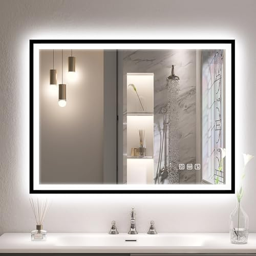 S'bagno Bluetooth-Badspiegel-mit-Beleuchtung 80x60 cm, LED Badezimmerspiegel mit Beschlagfrei/Gehärtetes Glas/ 3 Lichtfarben/Dimmbar, IP44 Badezimmer Spiegel mit Schwarzem Eisenrahmen