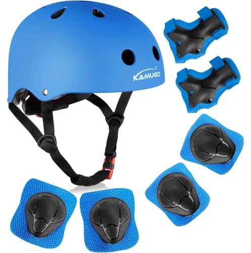 KAMUGO Kinderfahrradhelm, Helm für Kinder von 2 bis 8 Jahren, mit Sportschutzausrüstung, Kniepolstern, Ellenbogenpolstern und Handgelenkpolstern für Roller, Radfahren, Scooter
