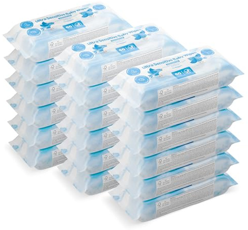 by Amazon Ultrasensitive Babyfeuchttücher, 100% pflanzliche Fasern, 99% Wasser, 1080 Tücher, Unparfümiert, 18 Packungen à 60 Stück