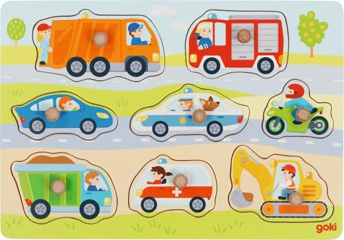 goki 57400 - Steckpuzzle Fahrzeuge aus Holz, Feuerwehr, Auto, Motorrad, Polizei, Bagger, Müllwagen, Puzzle mit großen Knöpfen für kleine Hände, 30cm x21cm, Förderung der Motorik, 8er Set, ab 1 Jahr