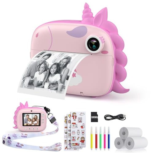 HiMont Kinderkamera Sofortbildkamera, Digitalkamera für Kinder mit Druckpapier & 32G TF Karte, VideoKamera mit farbigen Stiften & Lustige Accessoires, Geschenk für Kinder 3-14 Jahren (Rosa)