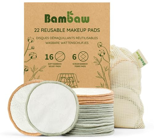 Bambaw Abschminkpads Waschbar, 22 Wiederverwendbare Wattepads mit Wäschebeutel, Pads Abschminken Waschbar, Bambus Wattepads Wiederverwendbar, Reinigungspads Gesicht Waschbar, Kosmetikpads Waschbar