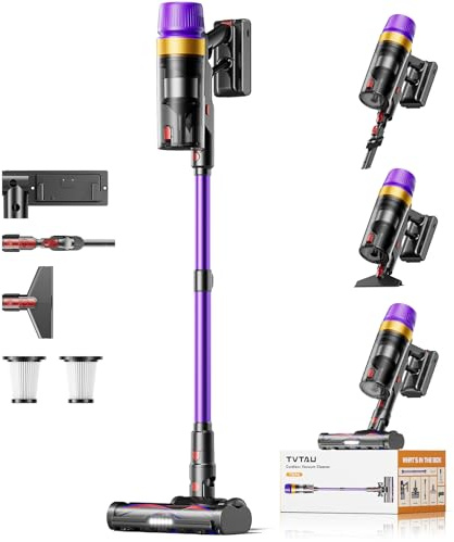 TVTAU Akku Staubsauger Kabellos Testsieger, 55000Pa/75Min/1,8L beutellos, selbststehender Stiel-/Stabstaubsauger mit Anti-Tangle & Ladestation – stark für Tierhaare/Teppich/Hartboden/Auto (Violett)