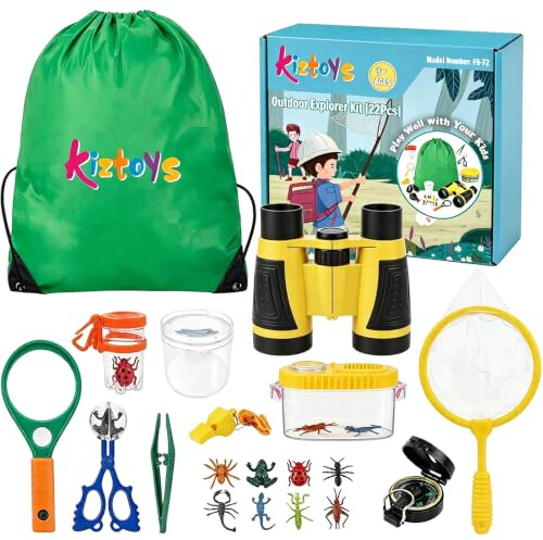 Forscherset für Kinder, Fernglas für Kids 22-teiliges Entdecker Set | mit Insektenfänger Kompass Becherlupe Mikroskop Camping Abenteuer Geburtstag Kindergeburtstag ab 3 4 5 6 7 8 9+ Jahre