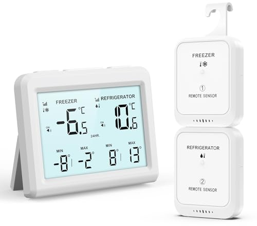 ORIA Digitales Kühlschrankthermometer, Gefrierschrank Refrigerator Thermometer mit 2 kabellosen Sensoren, 3,7 Bildschirm, 2 Alarmmodi (Symbol/Klang), ℃/℉, Min/Max-Wert, für Zuhause, Restaurants