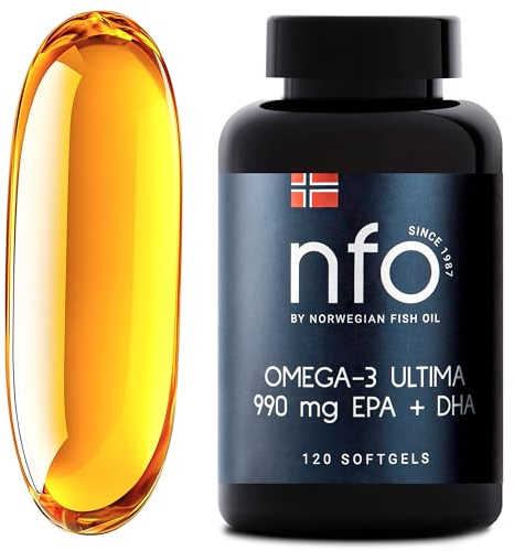 NFO Omega 3 Ultima – Fischöl Omega 3 Kapseln hochdosiert – 120 Kapseln | Omega 3 Öl aus Fischöl • Hochkonzentriertes EPA & DHA in rTG-Form • Vitamin E • hergestellt in Norwegen
