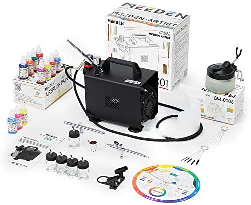 MEEDEN Airbrush Kompressor Set mit 24 Farbset: 1/5PS Air Brush Set mit Auto Stop 3 Dual-Action Airbrushpistole (0.25/0.35/0.5mm) Druckluft Kompressor mit Reinigungsset für Künstler Modellbau - 47dB