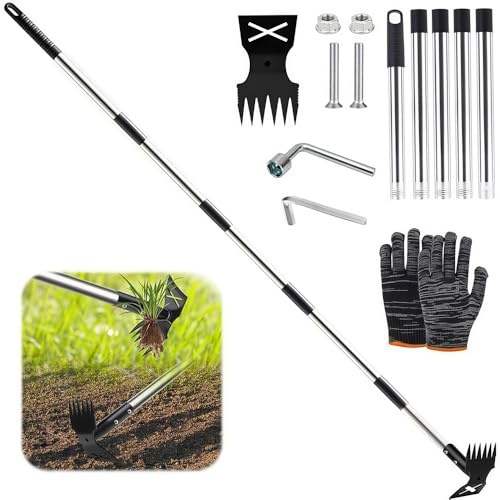 TUIBEIDAMAI Unkrautstecher mit Langem Stiel 180cm, unkrautjäter Hand, 2-in-1 Unkrautrechen und Gartenhacke, Unkrautzieher Werkzeug,Gartengeräte Unkraut Jäten für Hof, Rasen, Terrasse und Garten