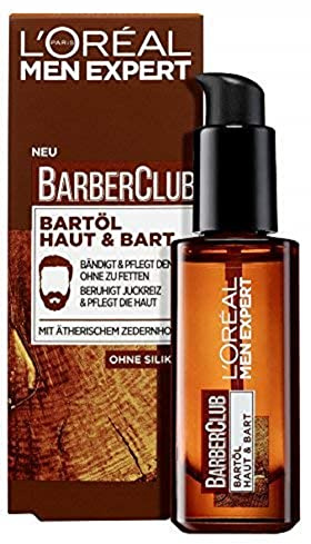 L'Oréal Men Expert Bartöl für Männer, Unterstützung beim gesunden Bartwachstum, Beruhigende Bartpflege für Herren mit holzigem Duft und ätherischem Zedernholzöl, Barber Club, 1 x 30 ml