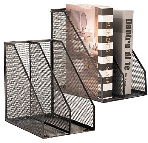 ASIFMTHOT Zeitschriftensammler Metall Buchstütze, Schwarz stehsammler 2 Fächer, büro organizer schreibtisch, dekorative zeitschriftenständer, （ 2 Stück）