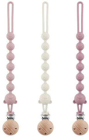 DOUUCO 3er-Pack Schnullerkette Aus Silikon, Schnullerkette Mädchen und Mit Namen Junge, Geeignet für Baby, Hält Schnuller Sauber, Weiche Flexible BPA Frei Langlebig–Hohe Robustheit Mandel Rose Flieder