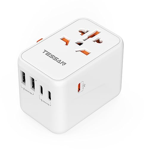 TESSAN Reiseadapter Weltweit, 65W GaN Travel Adapter Schnellladegerät, Reisestecker mit 2 USB und 3 USB C, Universal für Japan Deutschland USA England China