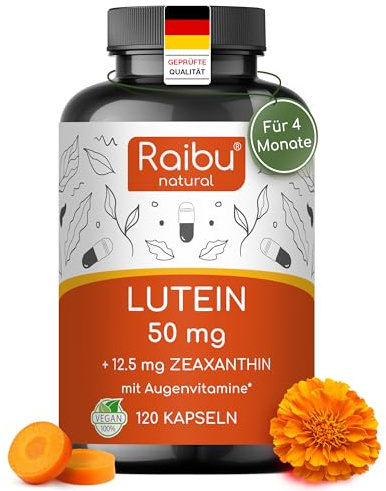 Lutein Zeaxanthin Kapseln, Augenvitamine hochdosiert - 50mg Lutein + 12,5mg Zeaxanthin - 4 Monatsvorrat Augen Kapseln - Mit Vitamin A & B2-1 Kapsel täglich - Vegan & natürlich