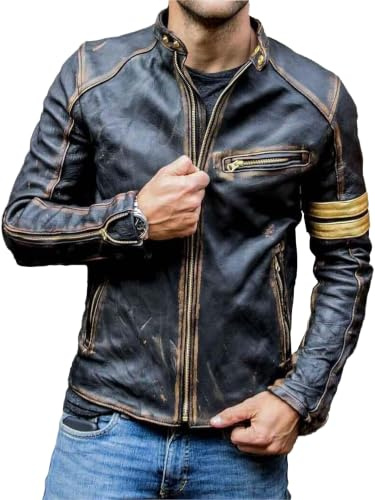 Herren Biker-Lederjacke, Cafe Racer, Vintage, Used-Look, Schwarz