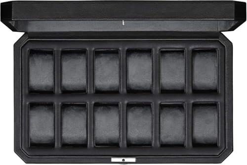 ROTHWELL 12 Slot Leder Uhrenbox - Luxus Uhrengehäuse Display Organizer, Herren Aufbewahrungsboxen Halter Große Glasplatte (Schwarz/Grau)