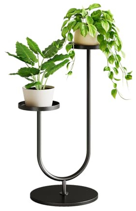 Bamworld Blumenständer Metall Schwarz, Pflanzenständer Indoor Outdoor, Modernes 2-stufiges Pflanzenregal, Stabiler Blumentopfhalter für Wohnzimmer, Balkon, Garten