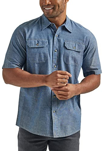 Wrangler Authentics Herrenhemd, kurzärmelig, kurzärmelig, gewebt, groß, Dark Chambray, X-Groß