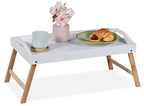 Relaxdays Betttablett klappbar, Essenstablett mit Füßen, weiß/natur | Frühstück im Bett, Bambus & MDF, HBT: 24x55,5x30 cm