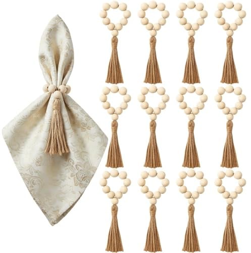Serviettenringe Holz, 12 Stück mit Holzkugeln und Quasten, Ideal für für Hochzeitstischdekoration, Tischstyling, Familienfeiern, Geburtstagspartys und Festliche Anlässe
