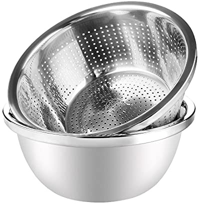 Linkidea 304 Edelstahl-Sieb mit Schüssel, 2er-Set, Küchensieb, Waschmaschinen-Abtropfgestell mit Becken für Gemüse, Obst, Pasta, Salat, Lebensmittelzubereitung, strapazierfähig und Spülmaschine