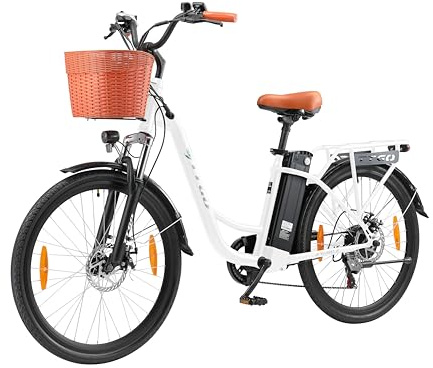 ttgo E Bike 26 Zoll, Elektrofahrräder für Herren Damen mit 36V 14,5Ah Akku, 60–75 km Reichweite Citybike, LCD Display, 6-Gang, Elektrofahrrad mit Korb (C2, Weiß)