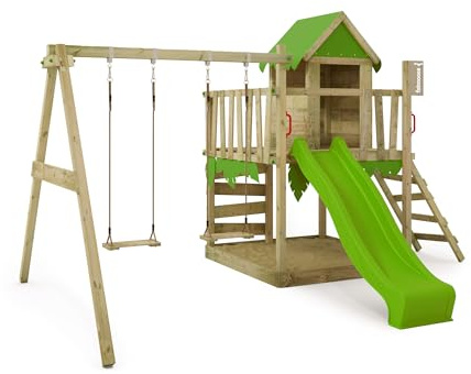 FATMOOSE Spielturm Klettergerüst JazzyJungle Jam XXL mit Schaukel & apfelgrüner Rutsche, Outdoor Kinder Kletterturm mit Sandkasten Leiter & Spiel-Zubehör für den Garten