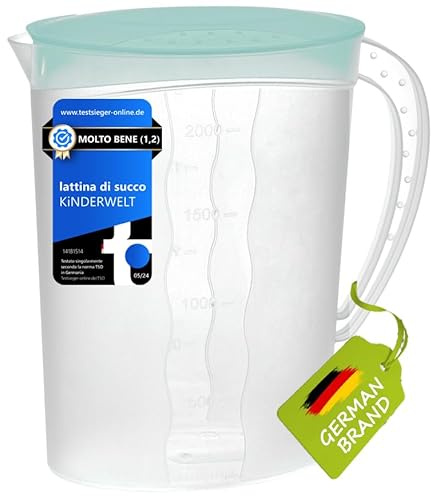 KiNDERWELT Saftkanne 2 Liter Kunststoff, Saftkanne mit Deckel inkl Fruchteinsatz und Skala, Kanne für Kühlschranktür, Wasserkaraffe für kalte Getränke wie Saft, Eistee
