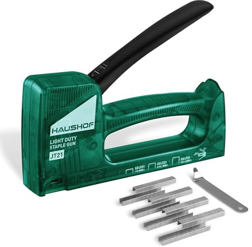 HAUSHOF Handtacker Tackerpistole, Leichter und Transparenter Holztacker für Klammern Typ 53, mit 800 Klammern und Klammerentferner, für Holz, Möbel, Polsterung, Grün