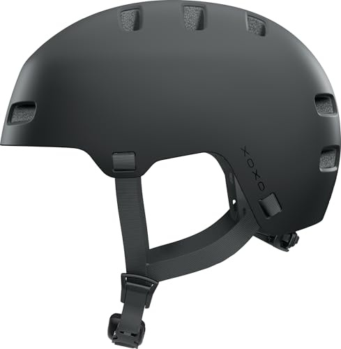 ABUS Fahrradhelm XOXO - Cityhelm im Skater-Look - Helm für Skateboard, Fahrrad, Scooter - mit optimiertem Kinnpolster - für Jugendliche und Erwachsene - Größe L, Schwarz