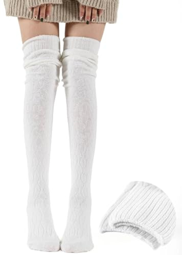 FOSDICK 60cm Kniestrümpfe Damen Winter Strick Overknee Strümpfe Socks, Knie-Lange Socken Stulpen Warme Überknie Kniestrümpfe Gestrickt Stiefelstrümpfe Legwarmers für Damen, Weiße Overknee Strümpfe