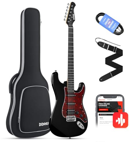Donner E-Gitarren Set Full Size, HSS Spule Geteilte Pickups, 39 Zoll Solid Body ST Gitarre Anfänger Set mit Tasche, Gurt, Kabel (Designer Series, Ritter-Schwarz)