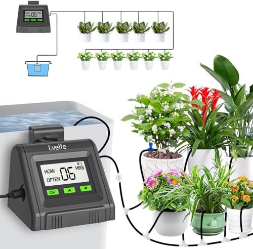 Lvelfe Automatisches Bewässerungssystem, Tropfbewässerungsset Wasservolumen Einstellbar, Kann 11 Pflanzen Gießen, Urlaubsbewässerungssystem für Zimmerpflanzen, Garten, Balkon Pflanzen, Topfpflanzen