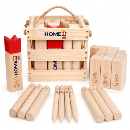 Home It® Wikinger Schach Holz Outdoor | Kubb Wikingerschach Set aus FSC-Gummibaum mit König, 10 Kubbs, 6 Wurfstäben & Markierungspins | Robuster Tragetasche für Garten & Outdoor-Spiele