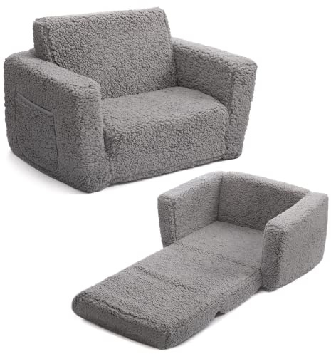 BEJOY Kindersofa Aufklappen 2 in 1 Schlafsofa, Sherpa Kindersessel, Grau | Kinder Couch Ausklappbar Kinder Sofa für Kinderzimmer Kindertags- und Geburtstagsgeschenk für Mädchen und Jungen