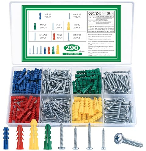 Dübel Schrauben Set, 290 Stk Wanddübel und Schrauben Set, Universaldübel mit Schraube, Selbstbohrende Kreuz-Flachkopfschrauben Holzschrauben mit Gipskartondübel, für Ziegel, Beton, Trockenbau